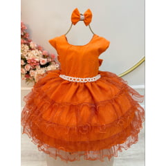 Vestido Infantil Terracota Saia C/ Babados e Glitter Daminha