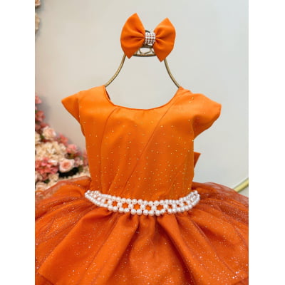 Vestido Infantil Terracota Saia C/ Babados e Glitter Daminha