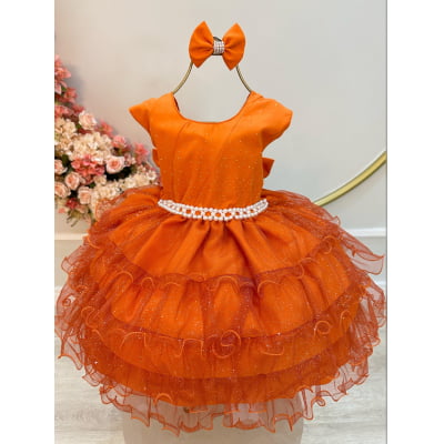 Vestido Infantil Terracota Saia C/ Babados e Glitter Daminha