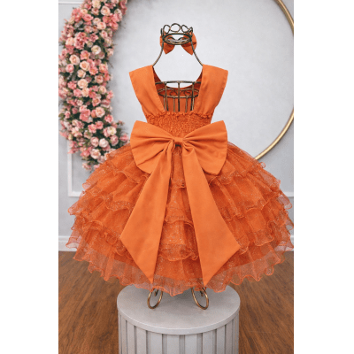 Vestido Infantil Terracota Saia C/ Babados e Glitter Festas