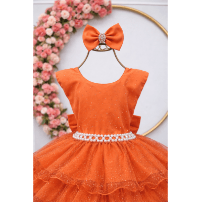 Vestido Infantil Terracota Saia C/ Babados e Glitter Festas