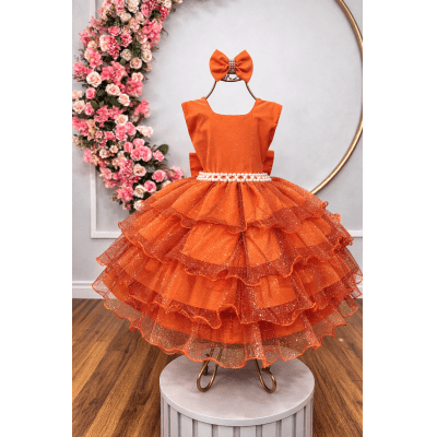 Vestido Infantil Terracota Saia C/ Babados e Glitter Festas