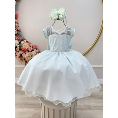 Vestido Infantil Verde Claro Pérolas Saia C/ Glitter Daminhas