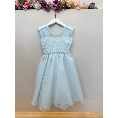 Vestido Infantil Verde Claro Pérolas Saia C/ Glitter Daminhas