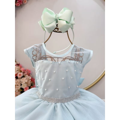 Vestido Infantil Verde Claro Pérolas Saia C/ Glitter Daminhas