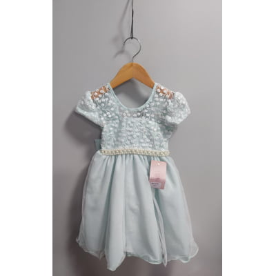 Vestido Infantil Verde Claro Tule Bordado com Glitter Daminhas
