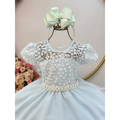Vestido Infantil Verde Claro Tule Bordado com Glitter Daminhas