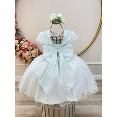 Vestido Infantil Verde Claro Tule Bordado com Glitter Daminhas