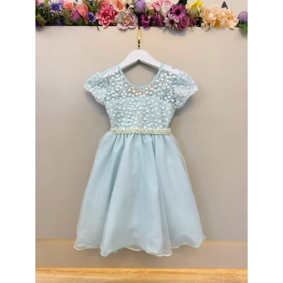 Vestido Infantil Verde Claro Tule Bordado com Glitter Daminhas
