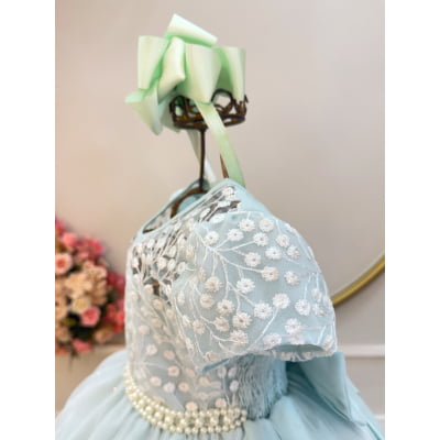 Vestido Infantil Verde Claro Tule Bordado com Glitter Daminhas