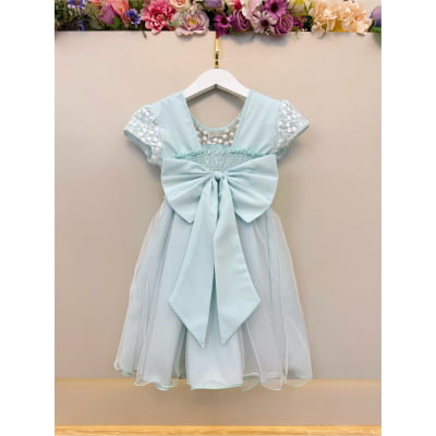 Vestido Infantil Verde Claro Tule Bordado com Glitter Daminhas