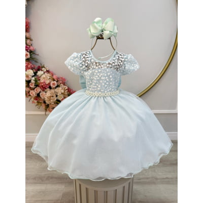 Vestido Infantil Verde Claro Tule Bordado com Glitter Daminhas