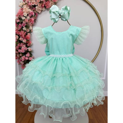 Vestido Infantil Verde Menta Saia C/ Babados e Glitter Festas