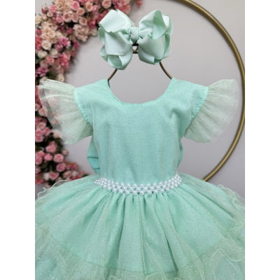 Vestido Infantil Verde Menta Saia C/ Babados e Glitter Festas