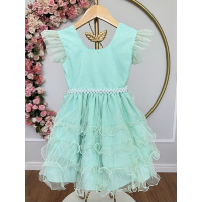Vestido Infantil Verde Menta Saia C/ Babados e Glitter Festas