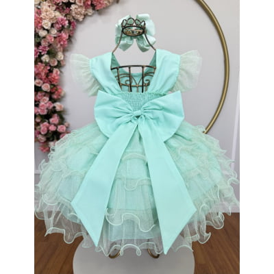Vestido Infantil Verde Menta Saia C/ Babados e Glitter Festas