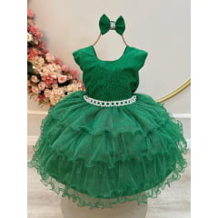 Vestido Infantil Verde Saia Babado e Glitter Pérolas Daminha