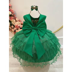 Vestido Infantil Verde Saia Babado e Glitter Pérolas Daminha