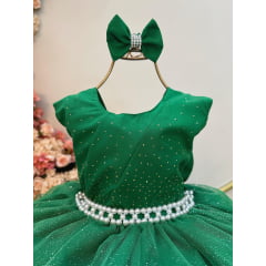 Vestido Infantil Verde Saia Babado e Glitter Pérolas Daminha