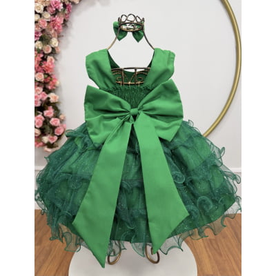 Vestido Infantil Verde Saia C/ Babados e Glitter Daminha