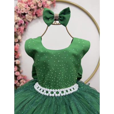 Vestido Infantil Verde Saia C/ Babados e Glitter Daminha