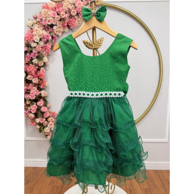 Vestido Infantil Verde Saia C/ Babados e Glitter Daminha