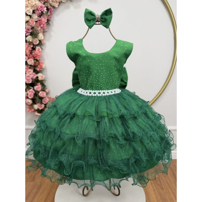 Vestido Infantil Verde Saia C/ Babados e Glitter Daminha