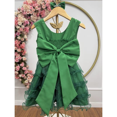 Vestido Infantil Verde Saia C/ Babados e Glitter Daminha