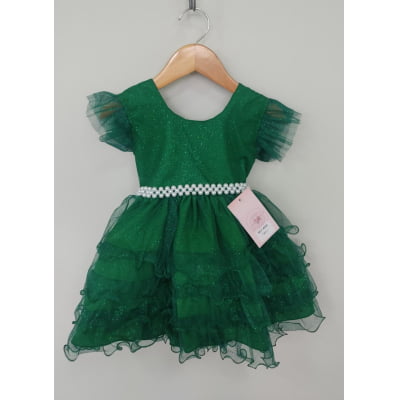 Vestido Infantil Verde Saia C/ Babados e Glitter Festas