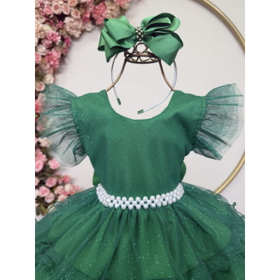 Vestido Infantil Verde Saia C/ Babados e Glitter Festas