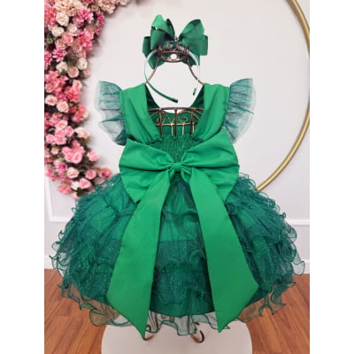 Vestido Infantil Verde Saia C/ Babados e Glitter Festas