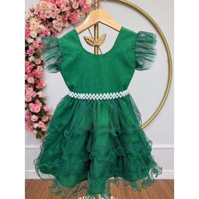 Vestido Infantil Verde Saia C/ Babados e Glitter Festas