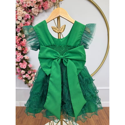 Vestido Infantil Verde Saia C/ Babados e Glitter Festas