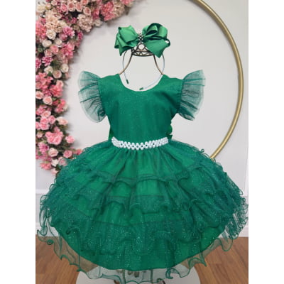 Vestido Infantil Verde Saia C/ Babados e Glitter Festas