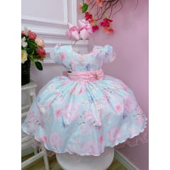 Vestido Infantil Verde Flores Primavera C/ Pérolas