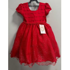 Vestido Infantil Vermelho Busto Nervura Pérolas e Glitter