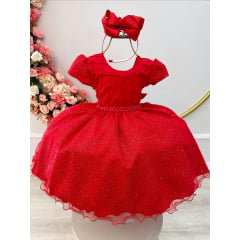 Vestido Infantil Vermelho Busto Nervura Pérolas e Glitter