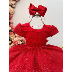 Vestido Infantil Vermelho Busto Nervura Pérolas e Glitter