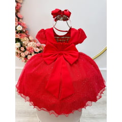 Vestido Infantil Vermelho Busto Nervura Pérolas e Glitter