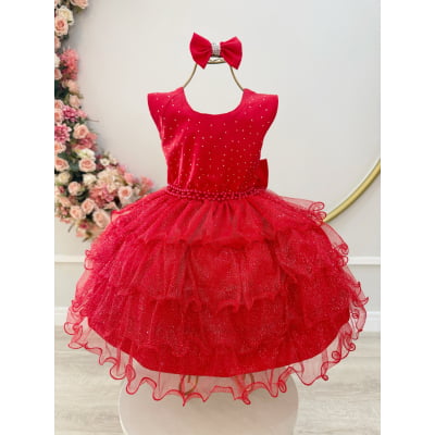 Vestido Infantil Vermelho Saia Babados Glitter Daminhas Luxo