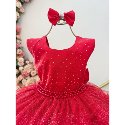 Vestido Infantil Vermelho Saia Babados Glitter Daminhas Luxo