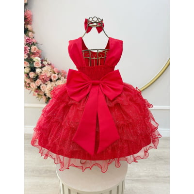 Vestido Infantil Vermelho Saia Babados Glitter Daminhas Luxo