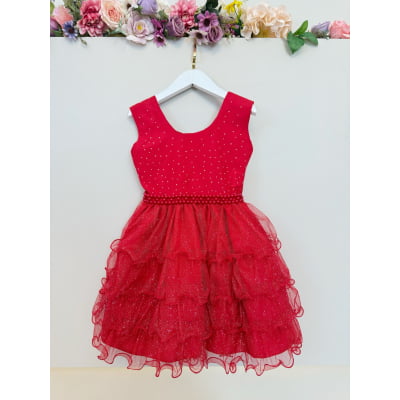 Vestido Infantil Vermelho Saia Babados Glitter Daminhas Luxo