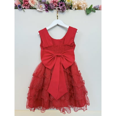 Vestido Infantil Vermelho Saia Babados Glitter Daminhas Luxo