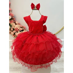 Vestido Infantil Vermelho Saia C/ Babados e Glitter Daminhas