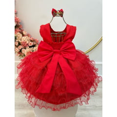 Vestido Infantil Vermelho Saia C/ Babados e Glitter Daminhas