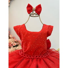 Vestido Infantil Vermelho Saia C/ Babados e Glitter Daminhas