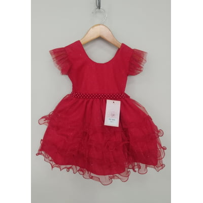 Vestido Infantil Vermelho Saia C/ Babados e Glitter Festas