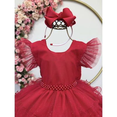 Vestido Infantil Vermelho Saia C/ Babados e Glitter Festas