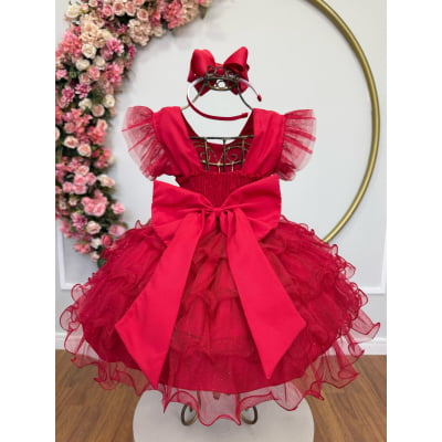 Vestido Infantil Vermelho Saia C/ Babados e Glitter Festas